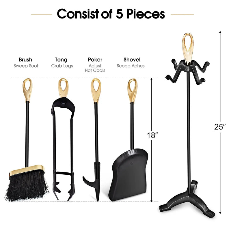 5 Pieces Rustic Heavy Duty Compact Wrought Iron Fireplace Tools Set by DirectDeals