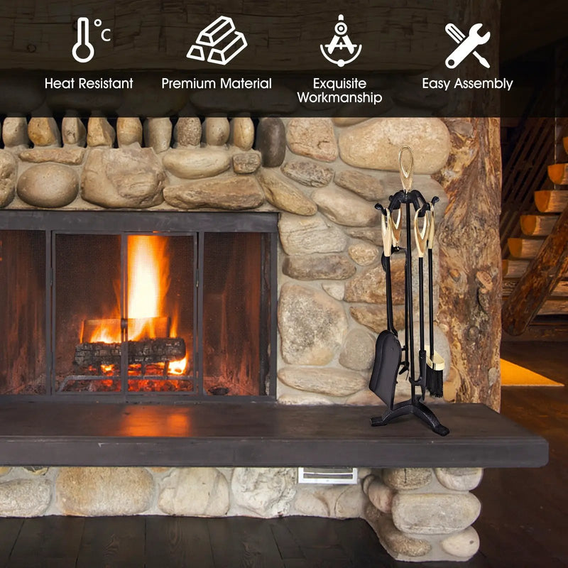 5 Pieces Rustic Heavy Duty Compact Wrought Iron Fireplace Tools Set by DirectDeals