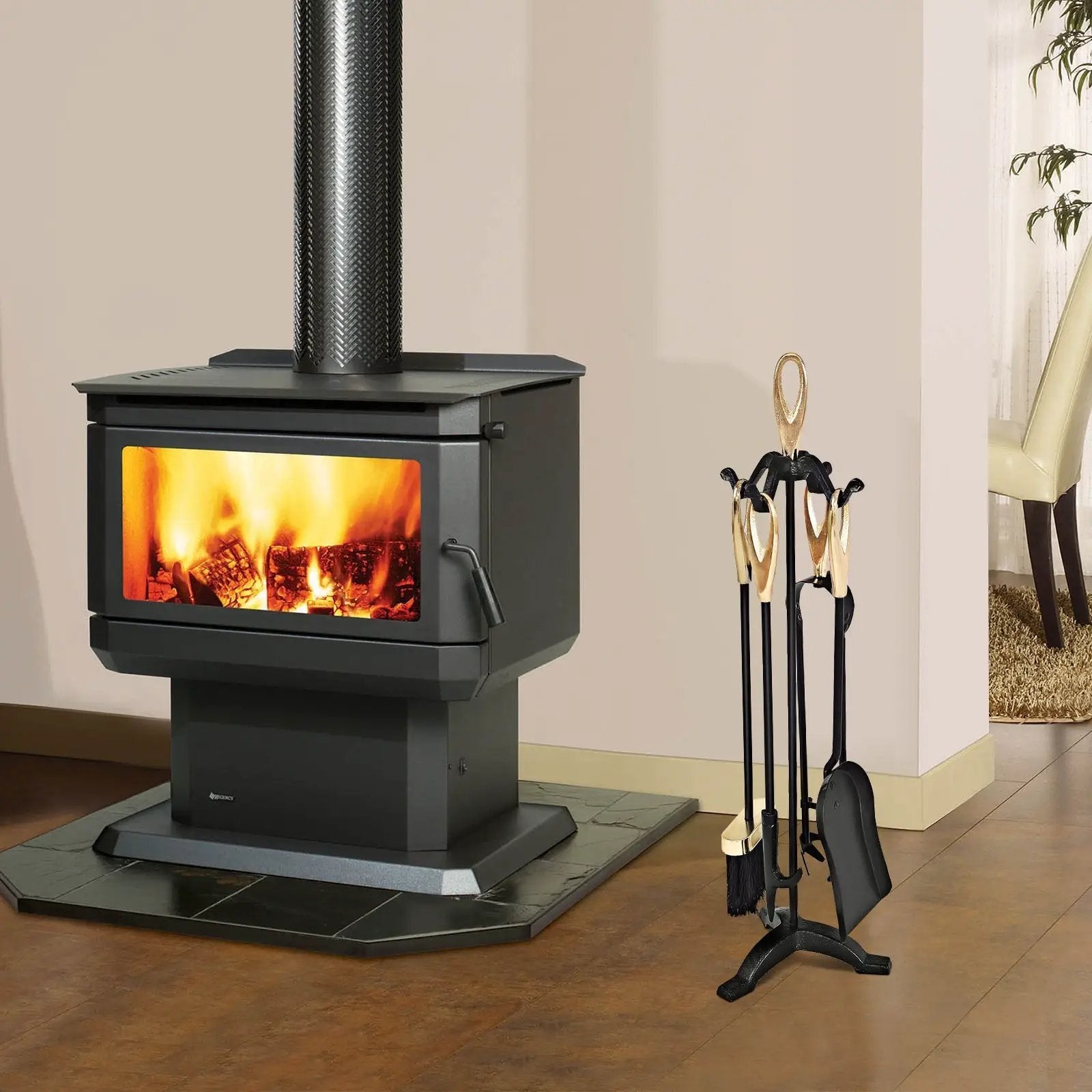 5 Pieces Rustic Heavy Duty Compact Wrought Iron Fireplace Tools Set by DirectDeals