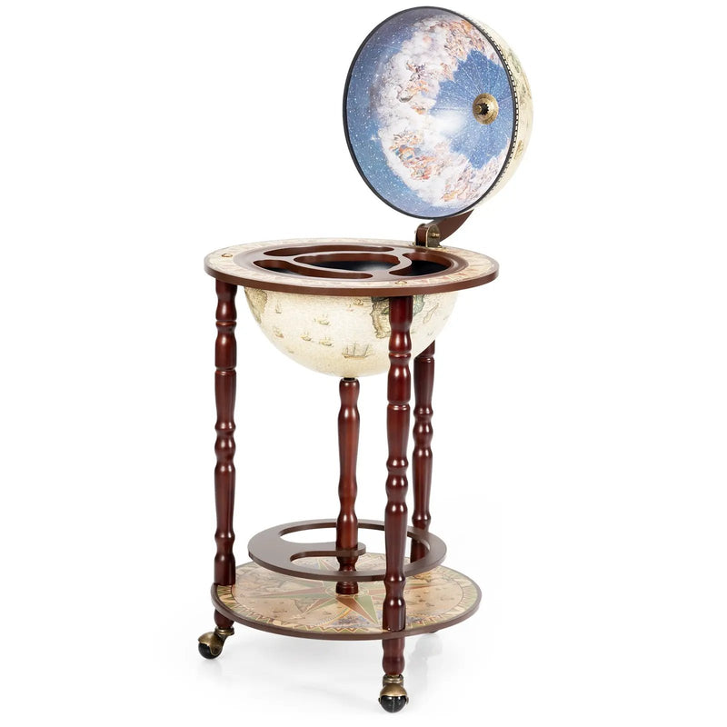 17 Inch Italian Style Design Wooden Globe Liquor Bottle Wine Rack with Wheels by DirectDeals