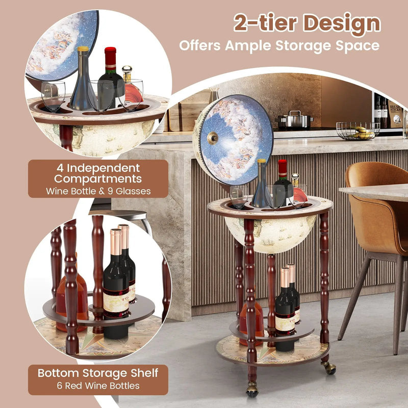 17 Inch Italian Style Design Wooden Globe Liquor Bottle Wine Rack with Wheels by DirectDeals