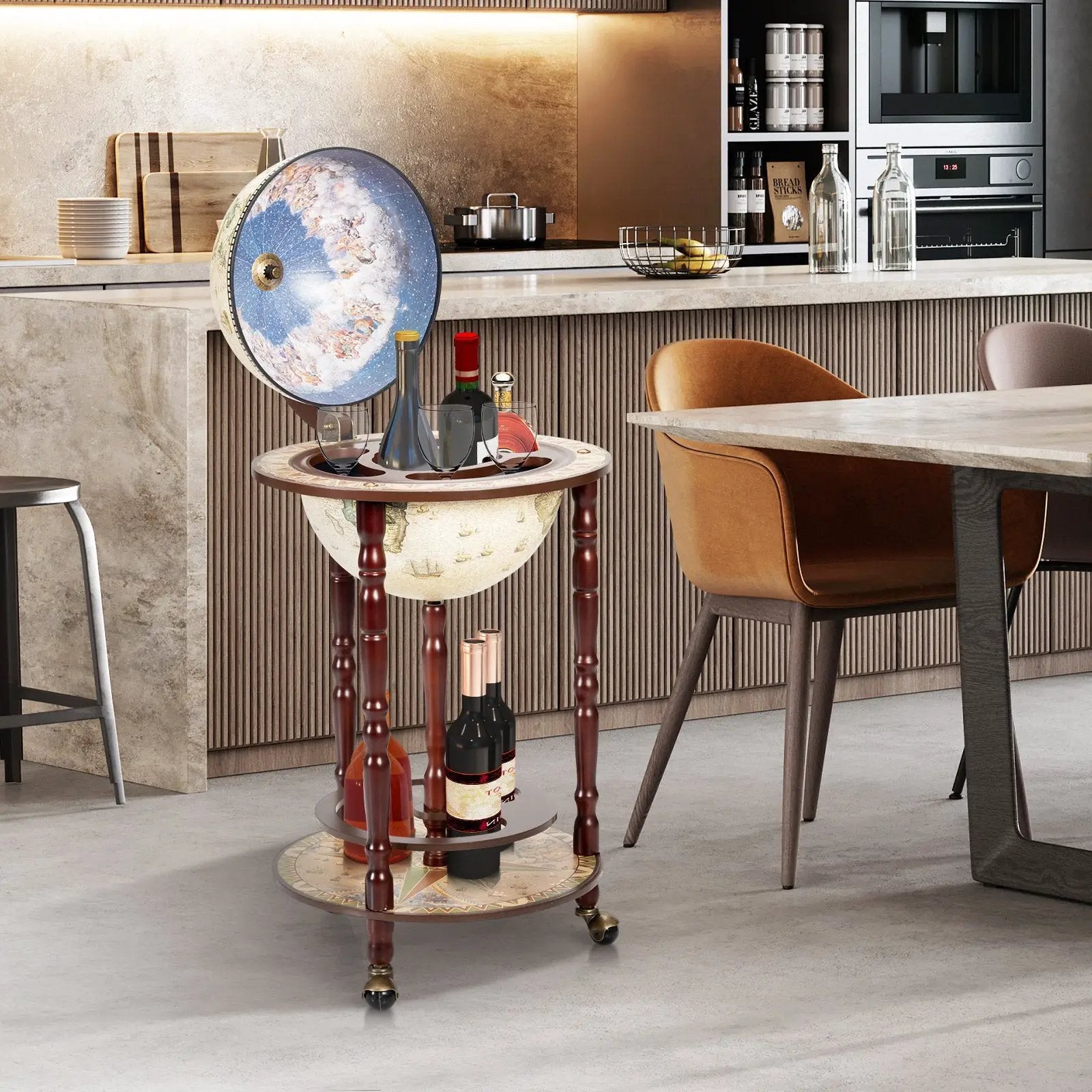 17 Inch Italian Style Design Wooden Globe Liquor Bottle Wine Rack with Wheels by DirectDeals