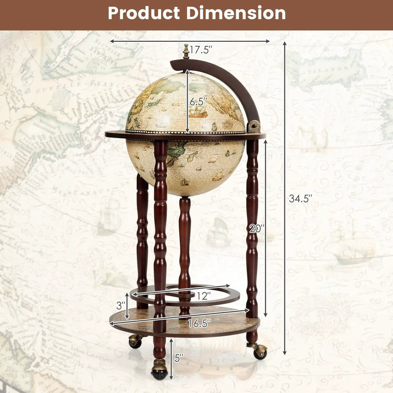 17 Inch Italian Style Design Wooden Globe Liquor Bottle Wine Rack with Wheels by DirectDeals