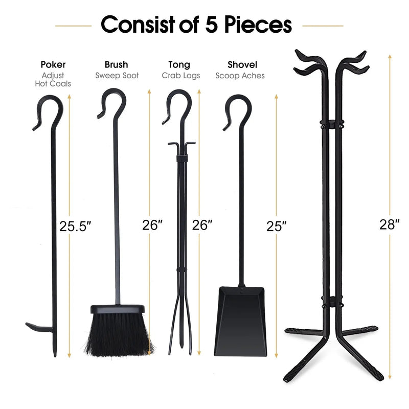 5 Pieces Fireplace Iron Standing Tools Set by DirectDeals