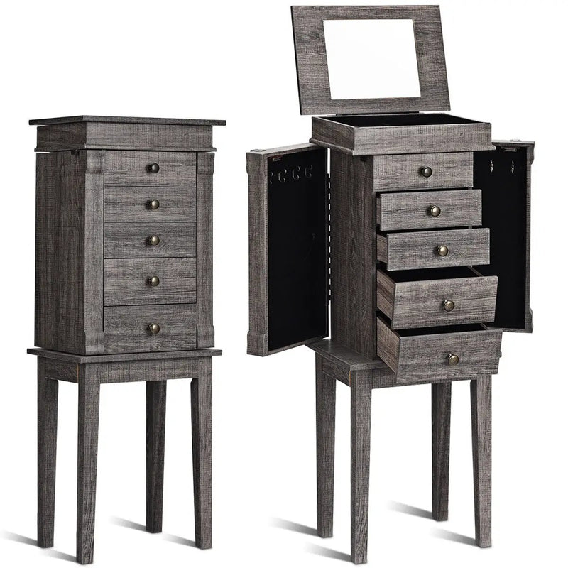 Standing Jewelry Cabinet Storage Organizer with Wooden Legs-Gray by DirectDeals
