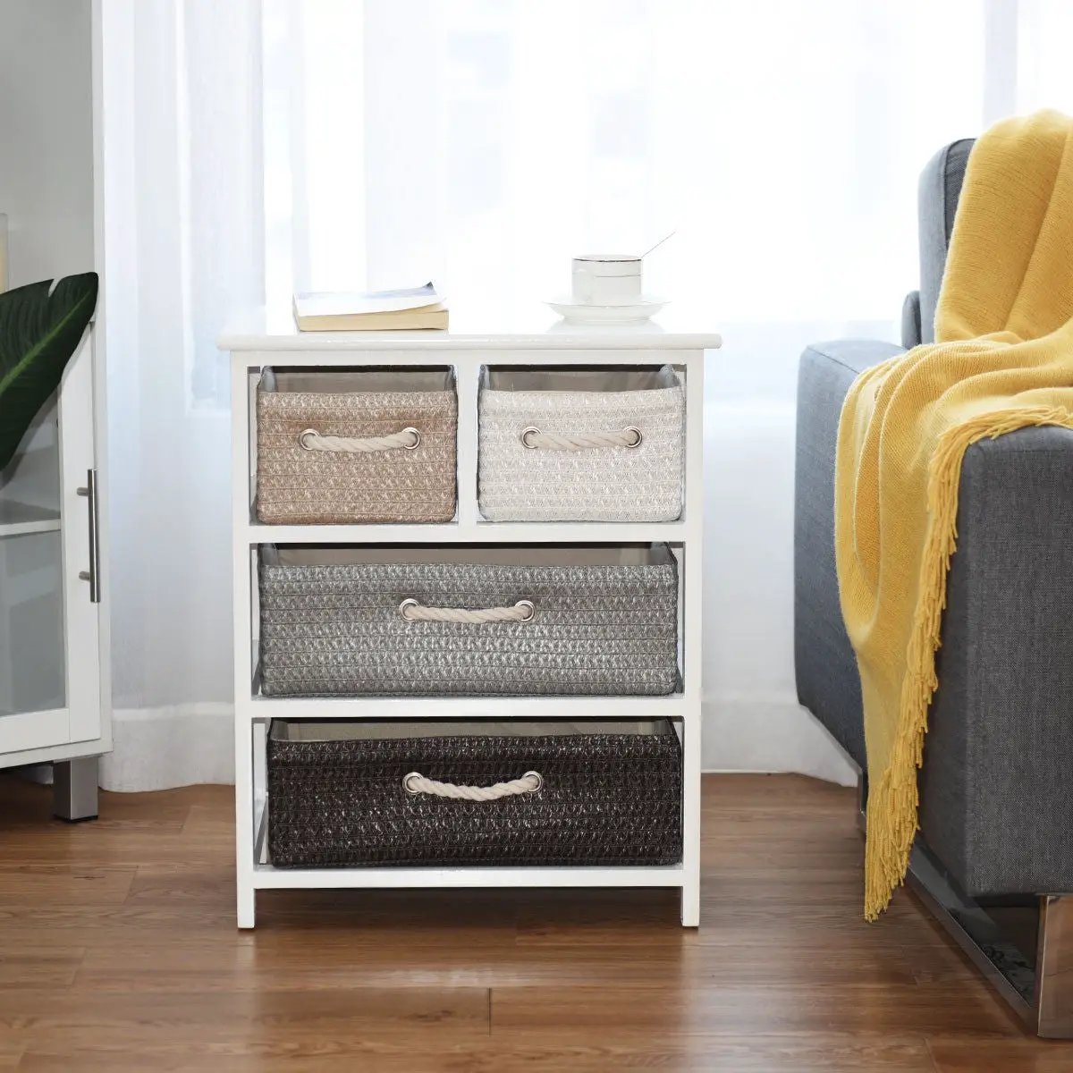 Storage Drawer Nightstand Woven Basket Cabinet Bedside Table by DirectDeals