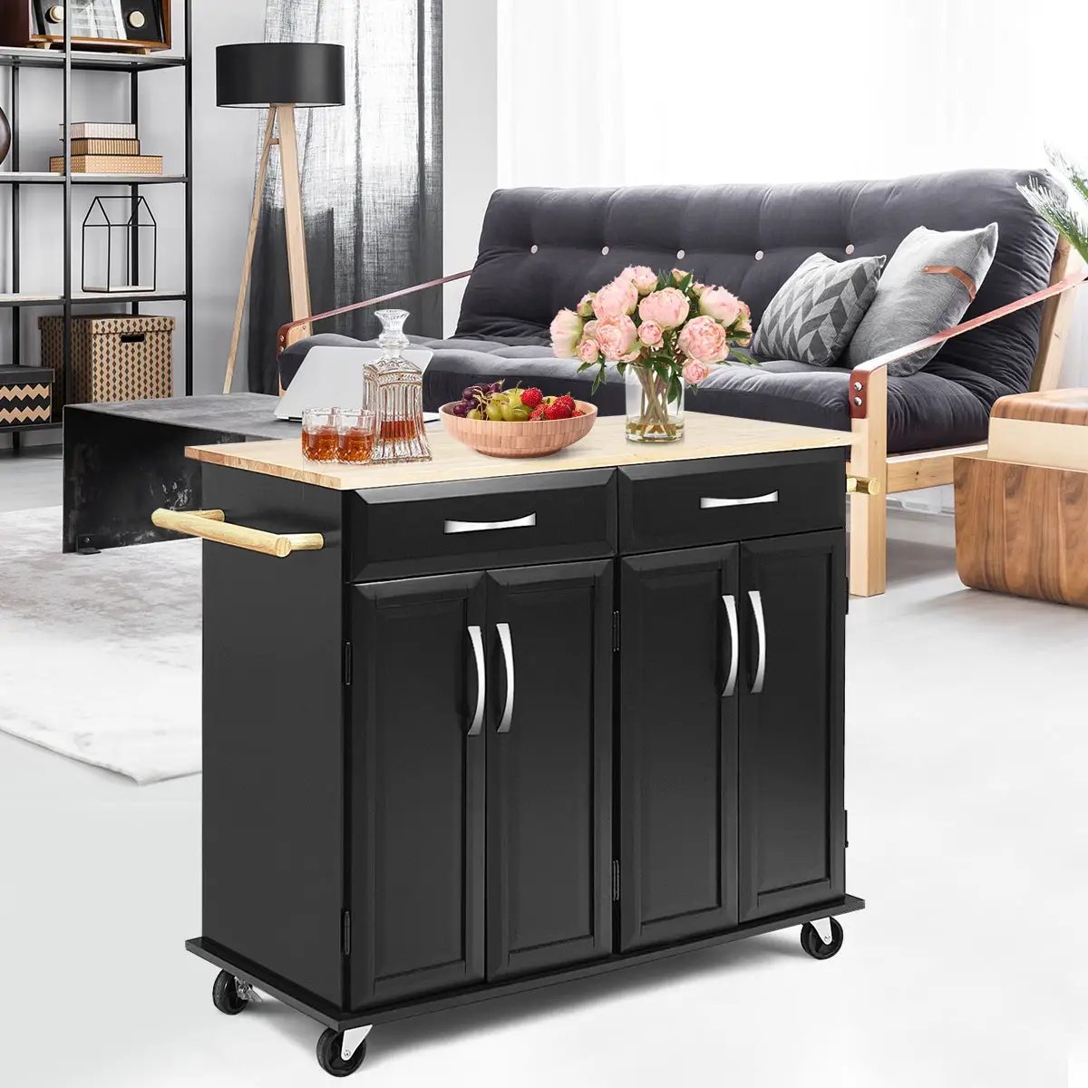 Wood Top Rolling Kitchen Trolley Island Cart Storage Cabinet, photo 13 of 16
