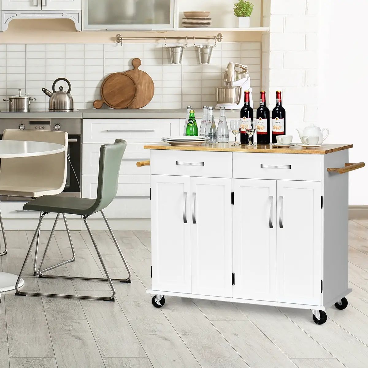 Wood Top Rolling Kitchen Trolley Island Cart Storage Cabinet, photo 2 of 16