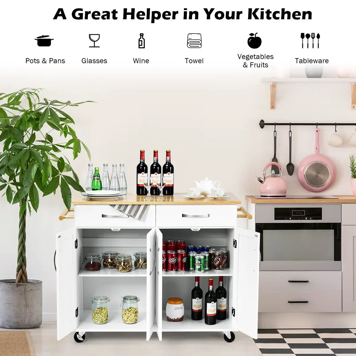 Wood Top Rolling Kitchen Trolley Island Cart Storage Cabinet, photo 10 of 16