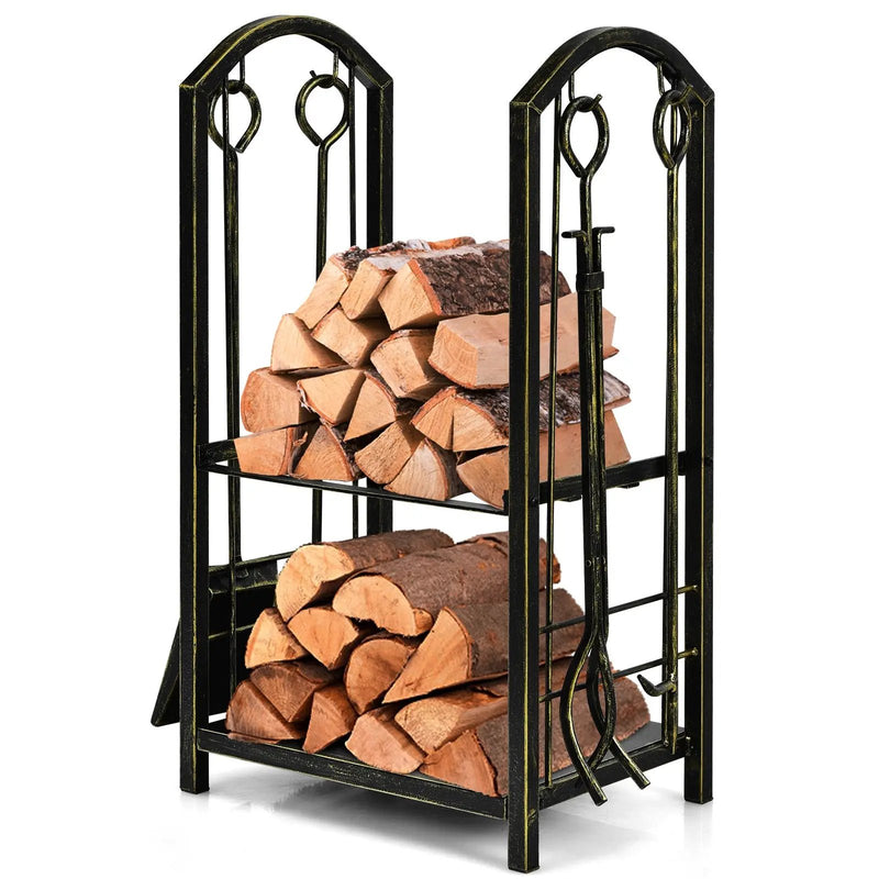 Fireplace Log Rack with 4 Tools Set Fireside Firewood Holder by DirectDeals