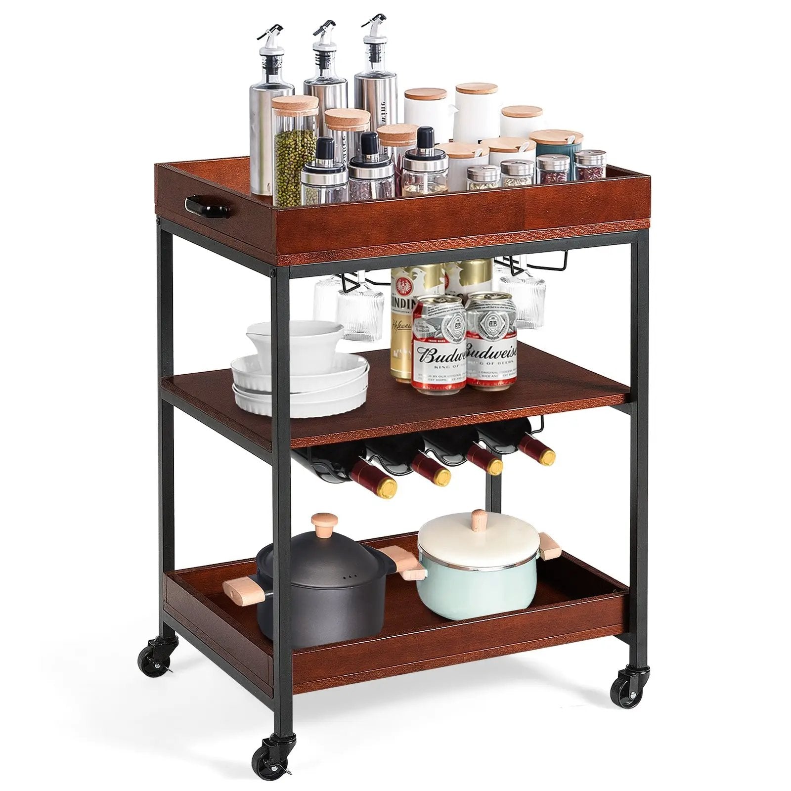 3 Tiers Kitchen Island Serving Bar Cart with Glasses Holder and Wine Bottle Rack by DirectDeals