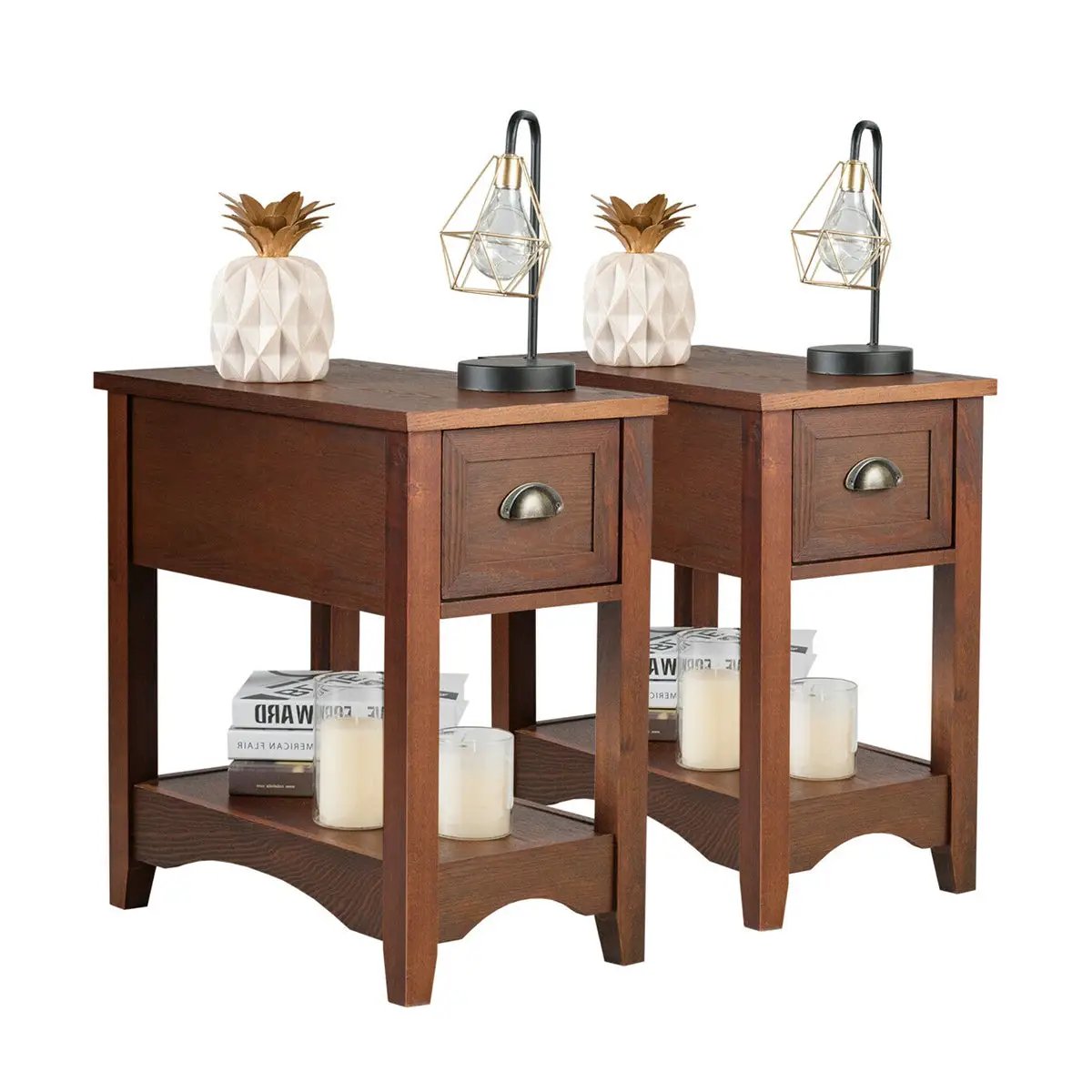 2 Pieces Retro Narrow Tiered End Table with Drawer and Storing Shelf, photo 3 of 10