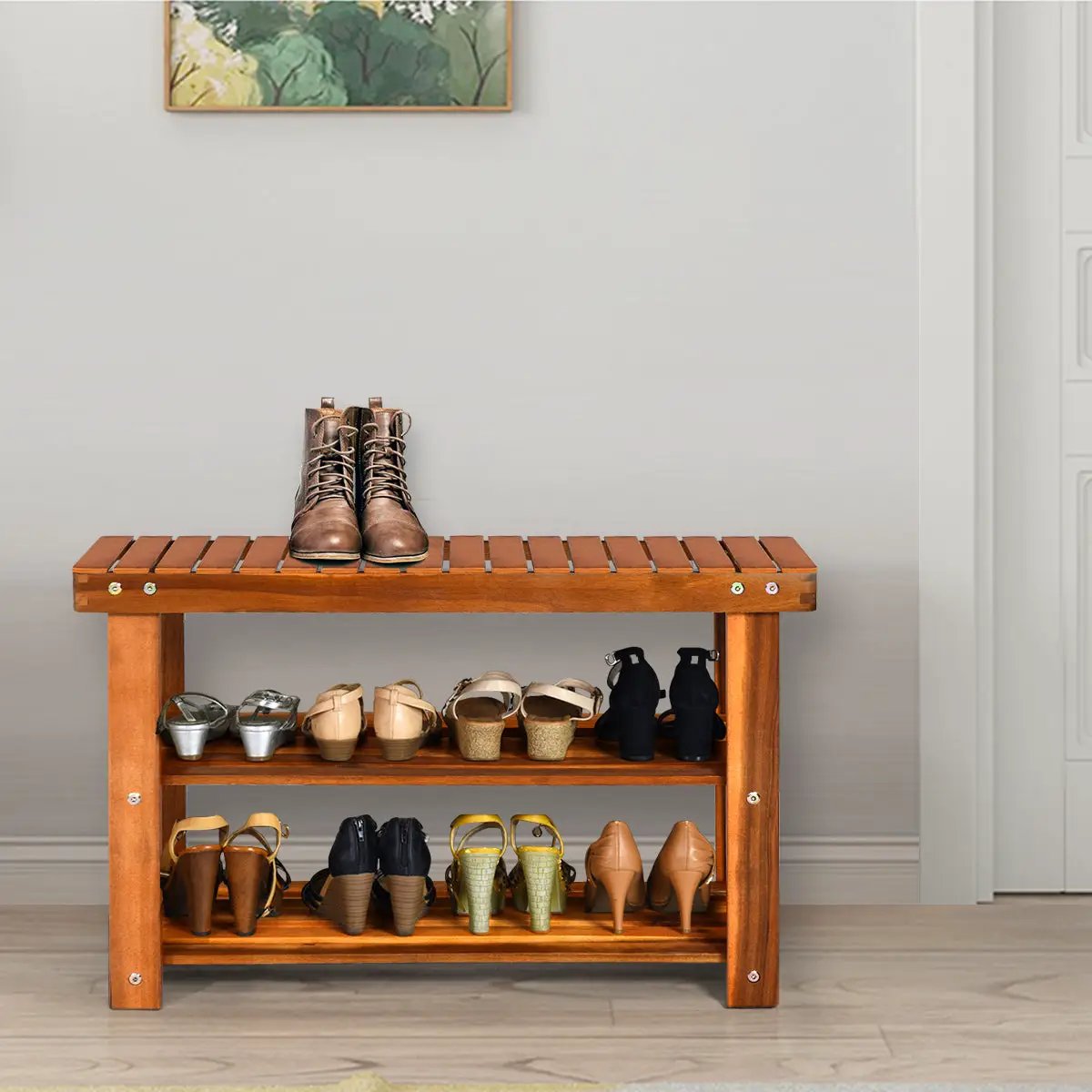 Freestanding Wood Bench with 3-Tier Storage Shelves by DirectDeals
