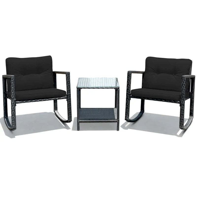 3 Pieces Cushioned Patio Rattan Set with Rocking Chair and Table-Black by DirectDeals