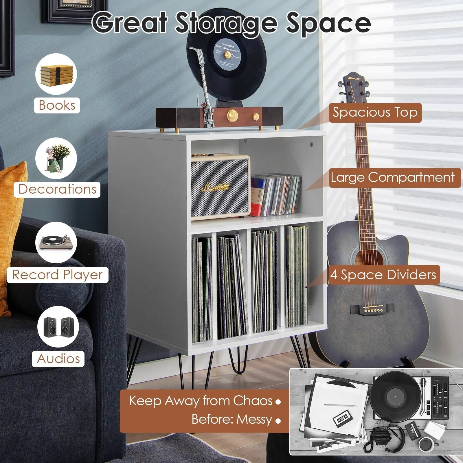 Freestanding Record Player Stand Record Storage Cabinet with Metal Legs-White by DirectDeals
