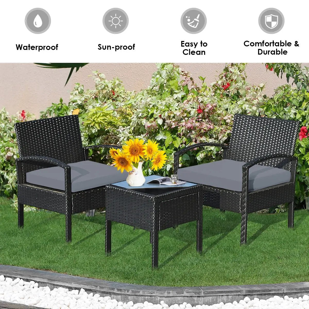 3 Pieces Outdoor Rattan Patio Conversation Set with Seat Cushions, photo 3 of 11