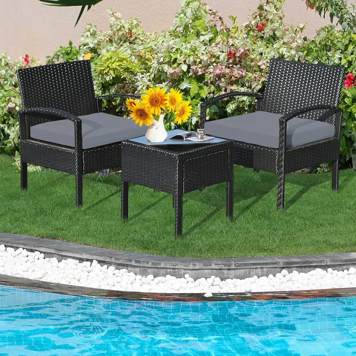 3 Pieces Outdoor Rattan Patio Conversation Set with Seat Cushions, photo 2 of 11