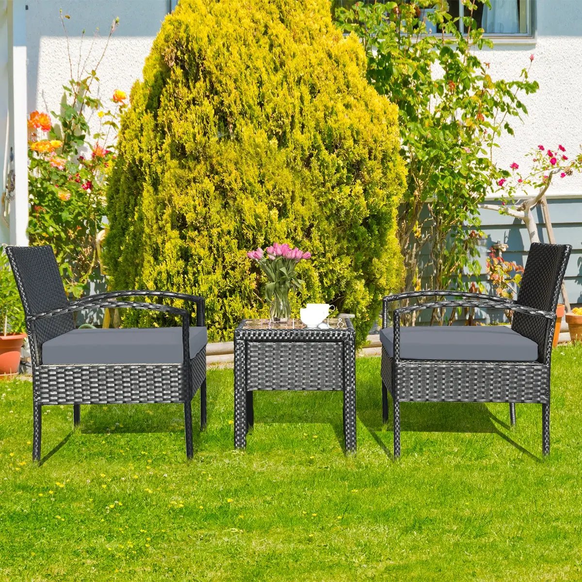 3 Pieces Outdoor Rattan Patio Conversation Set with Seat Cushions, photo 8 of 11