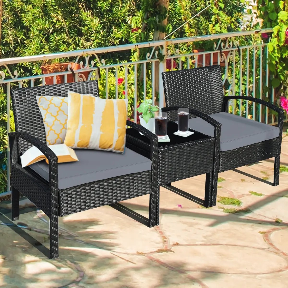 3 Pieces Outdoor Rattan Patio Conversation Set with Seat Cushions, photo 7 of 11