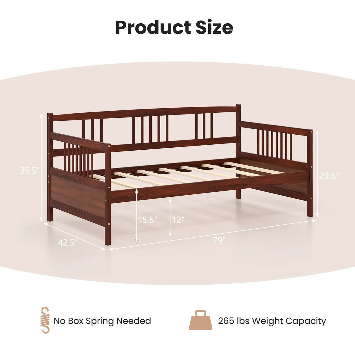 Twin Size Wooden Slats Daybed Bed with Rails, photo 5 of 10