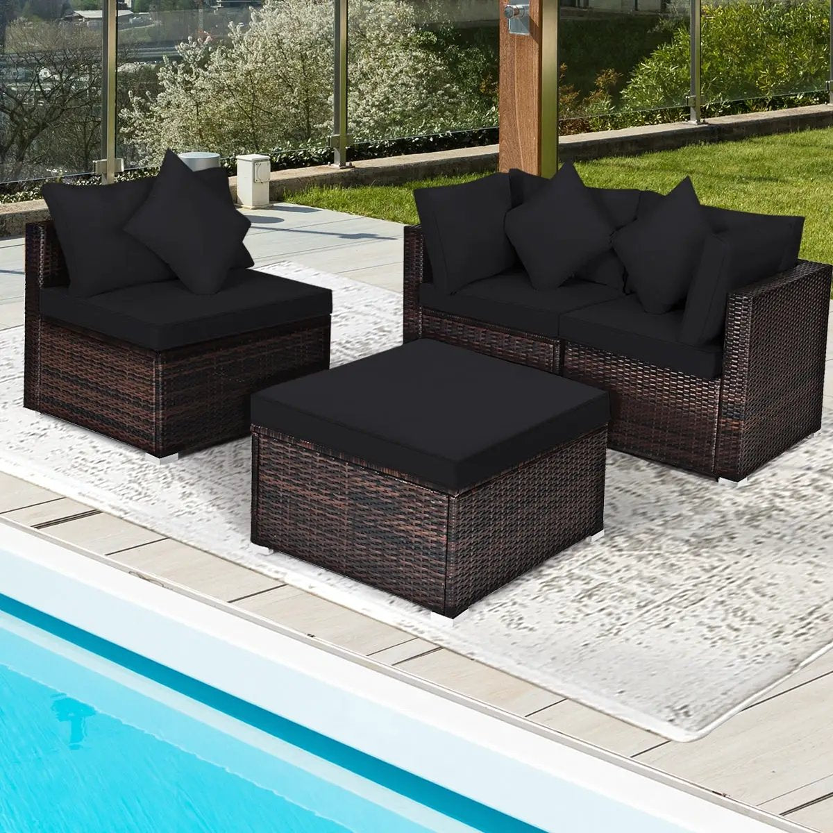4 Pieces Ottoman Garden Patio Rattan Wicker Furniture Set with Cushion-Gray by DirectDeals