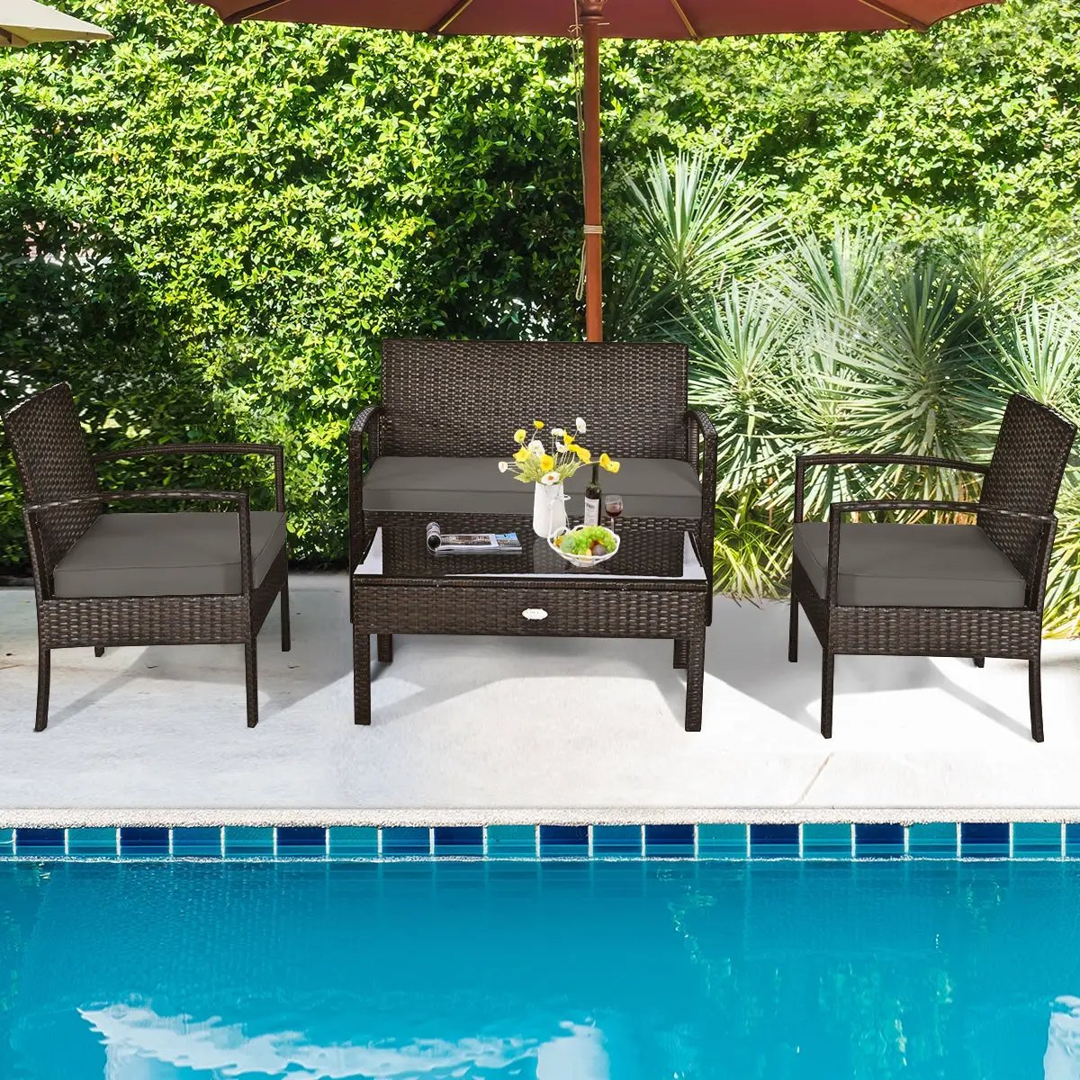 4 Pieces Patio Rattan Cushioned Furniture Set by DirectDeals
