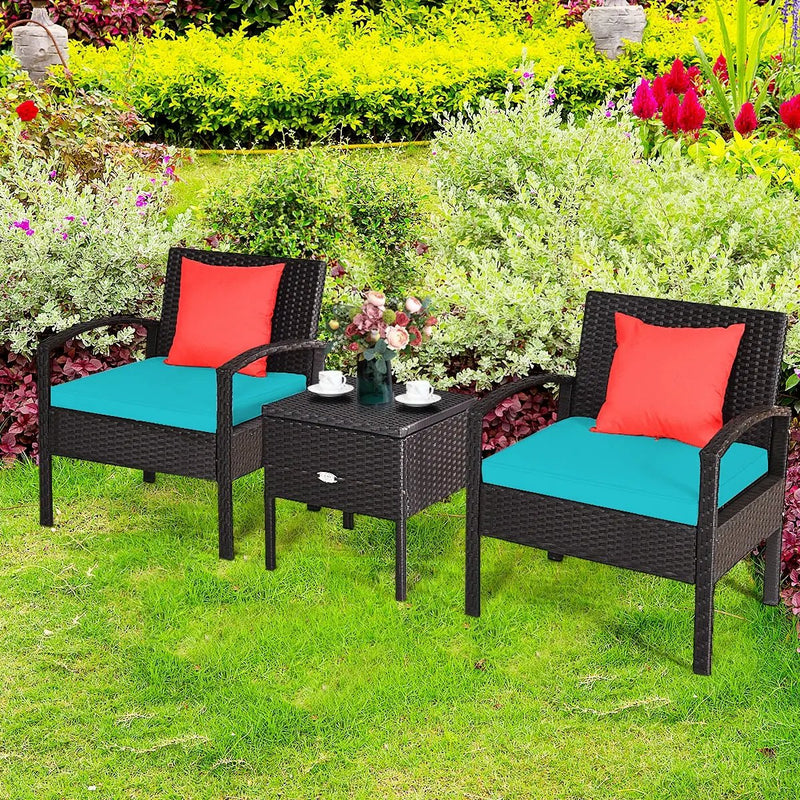 3 Piece PE Rattan Wicker Sofa Set with Washable and Removable Cushion for Patio-Turquoise by DirectDeals