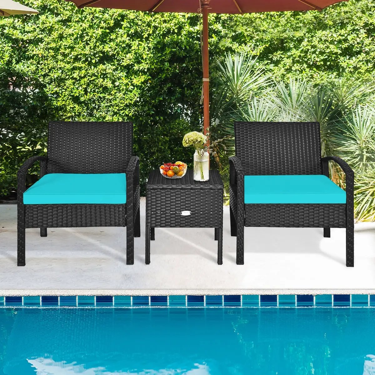 3 Piece PE Rattan Wicker Sofa Set with Washable and Removable Cushion for Patio-Turquoise by DirectDeals