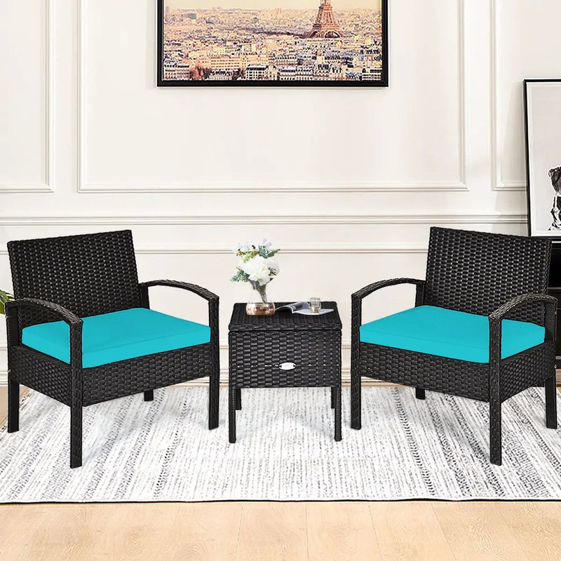 3 Piece PE Rattan Wicker Sofa Set with Washable and Removable Cushion for Patio-Turquoise by DirectDeals
