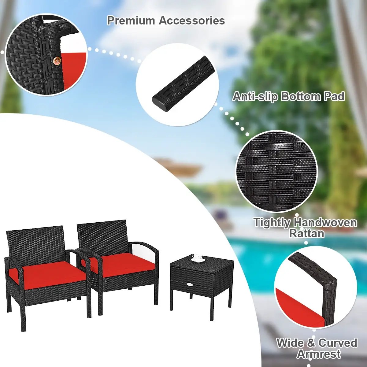3 Piece PE Rattan Wicker Sofa Set with Washable and Removable Cushion for Patio, photo 5 of 9