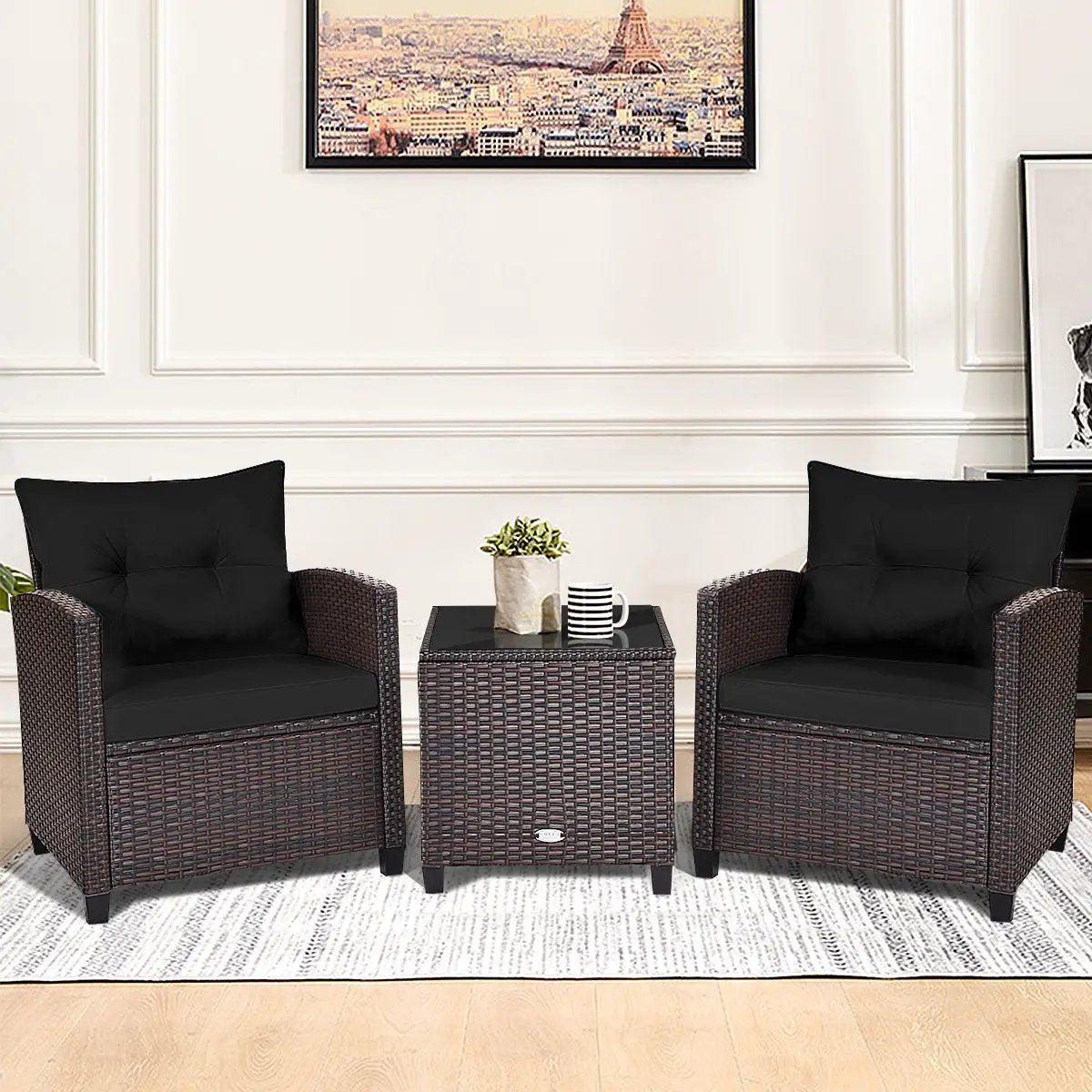 3 Pcs Patio Rattan Furniture Set Cushioned Conversation Set Coffee Table-Beige by DirectDeals