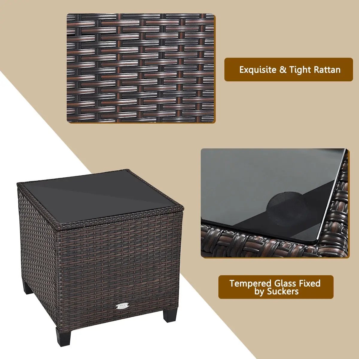 3 Pcs Patio Rattan Furniture Set Cushioned Conversation Set Coffee Table-Beige by DirectDeals