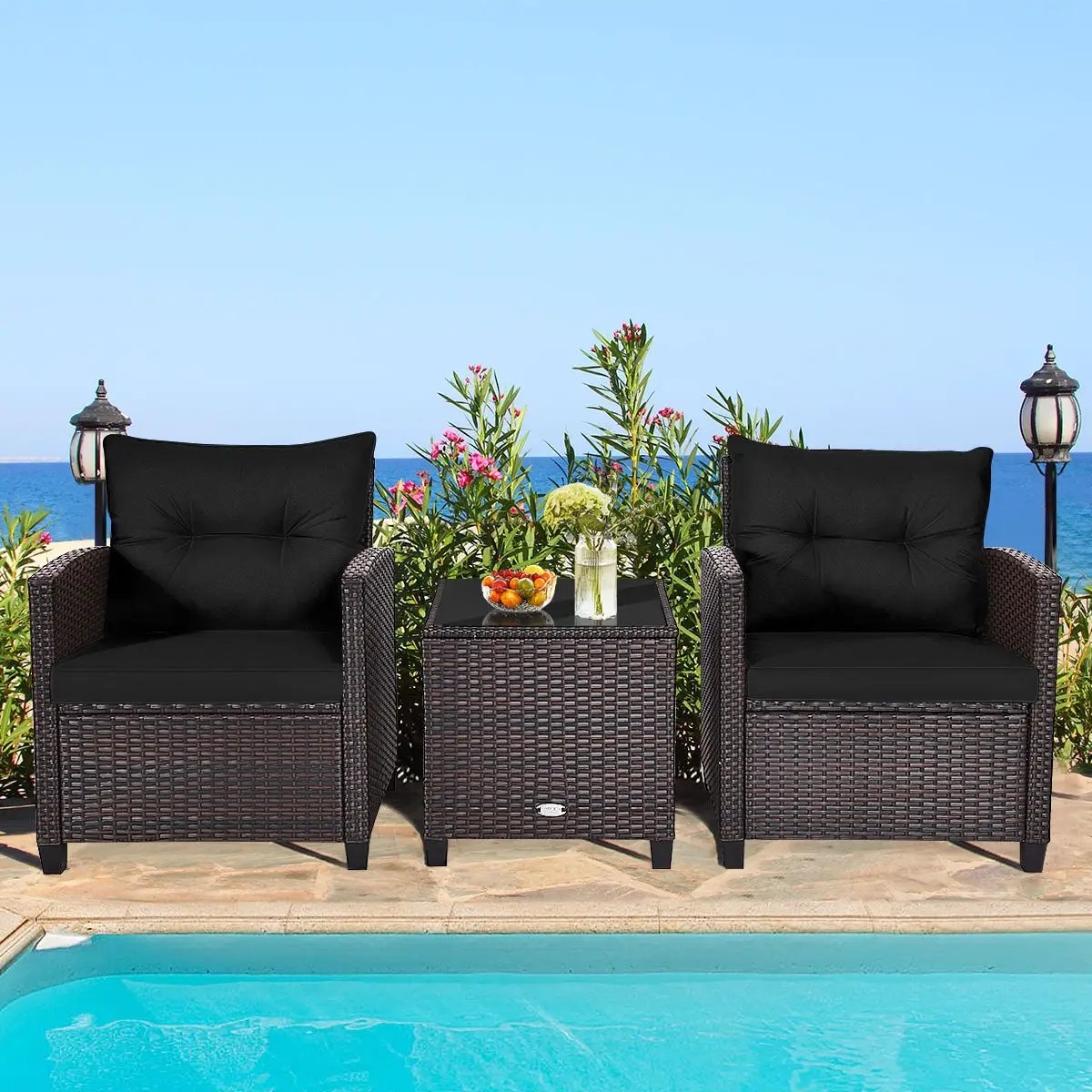 3 Pcs Patio Rattan Furniture Set Cushioned Conversation Set Coffee Table-Beige by DirectDeals