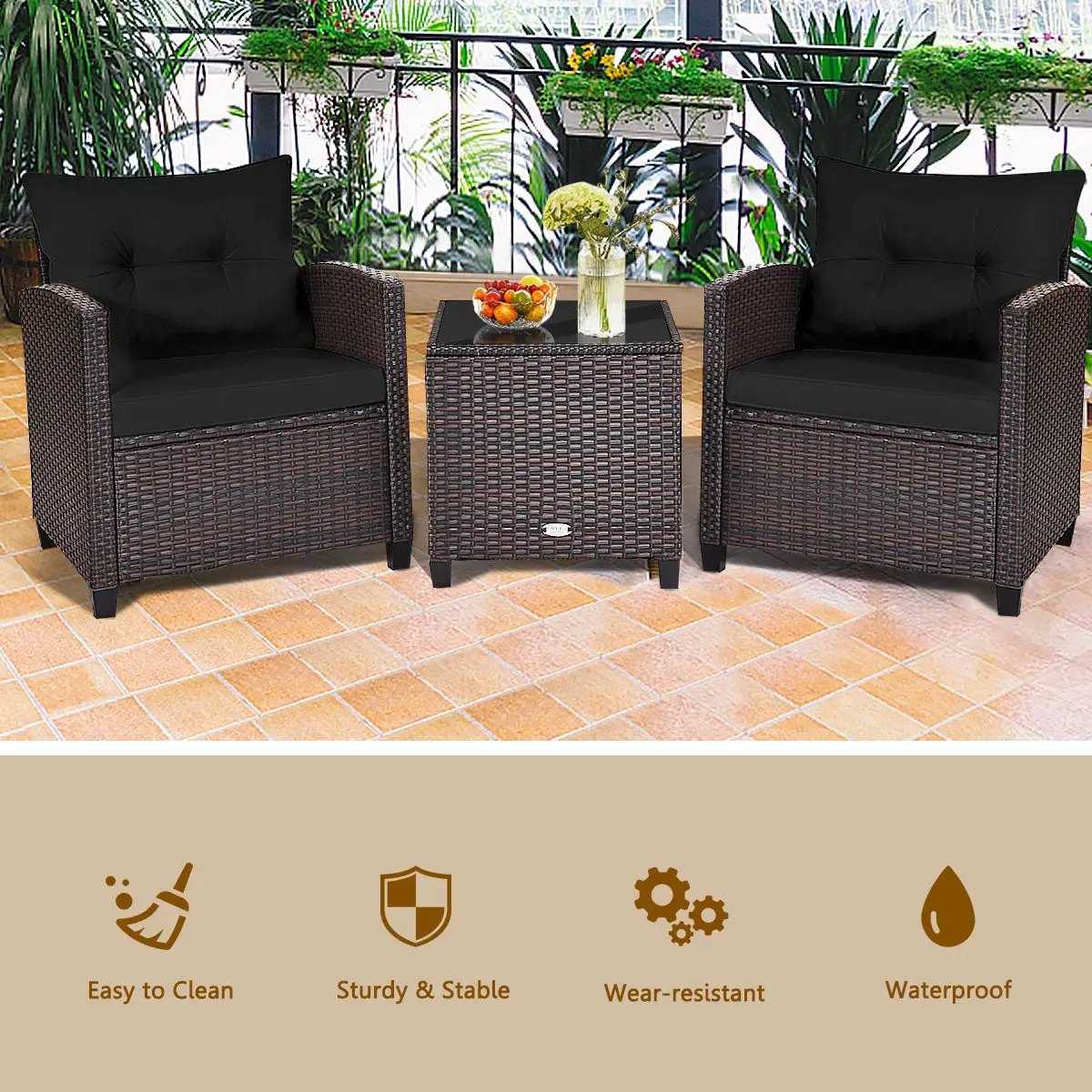 3 Pcs Patio Rattan Furniture Set Cushioned Conversation Set Coffee Table-Beige by DirectDeals