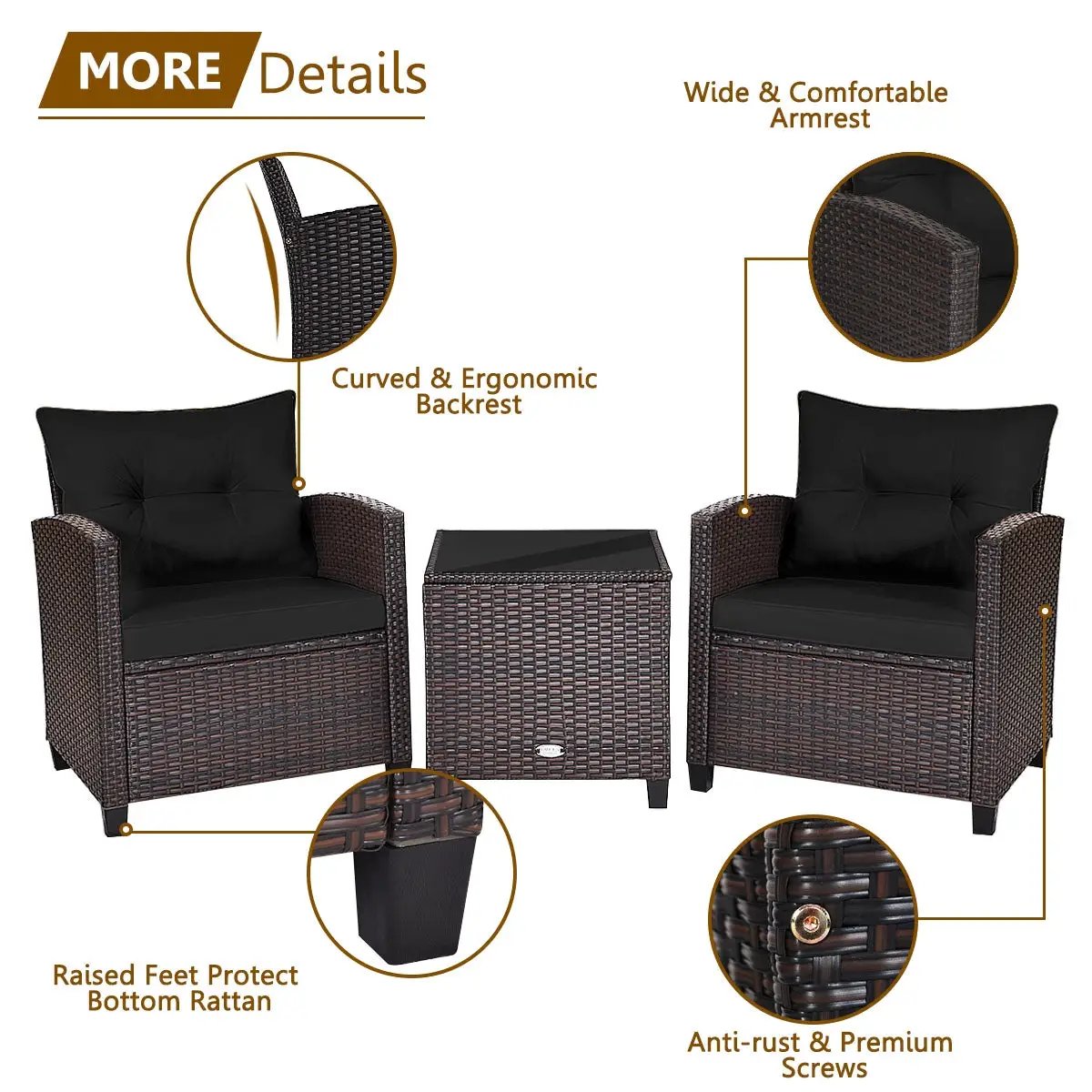 3 Pcs Patio Rattan Furniture Set Cushioned Conversation Set Coffee Table-Beige by DirectDeals
