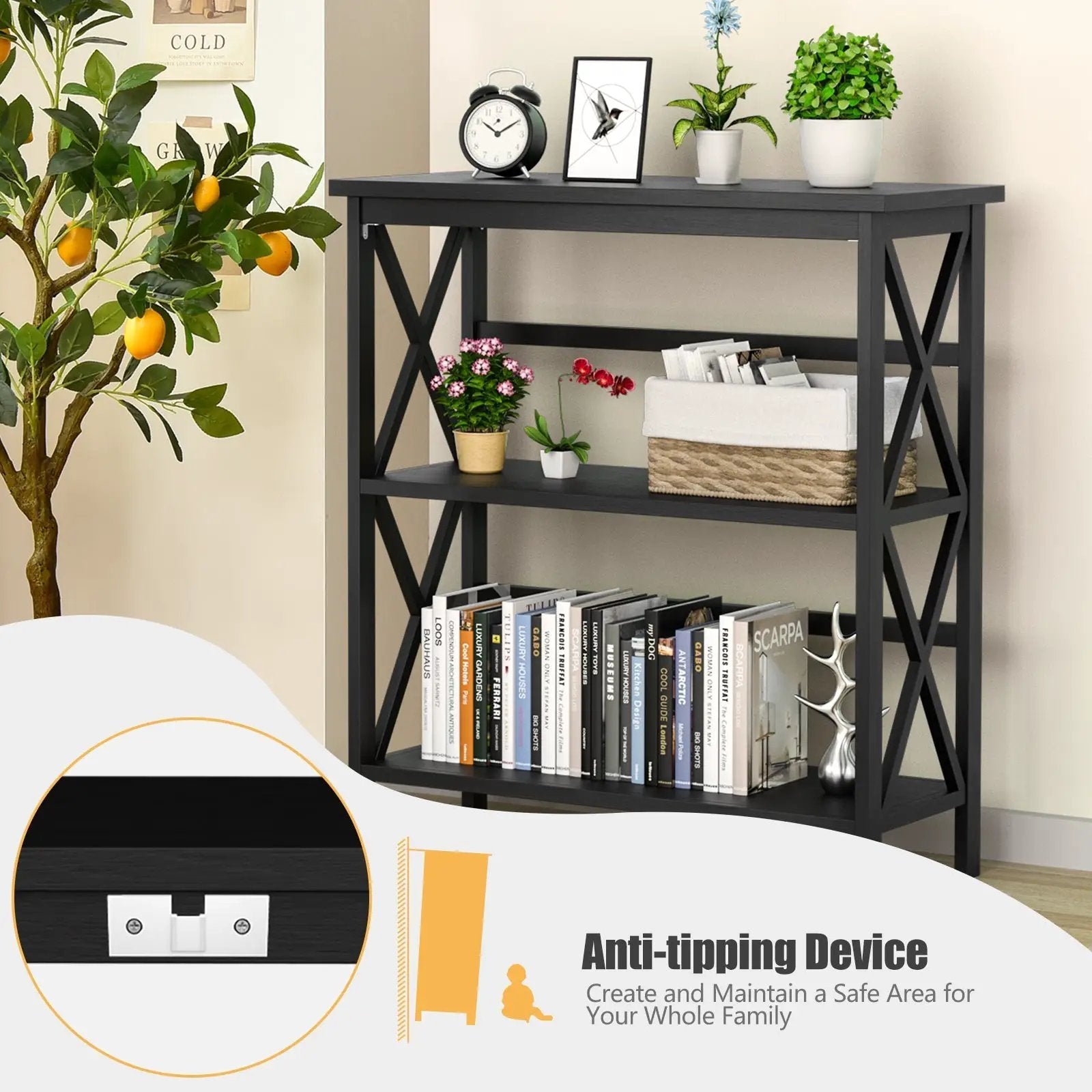 3-Tier Wooden Multi-Functional X-Design Etagere Storage Bookshelf by DirectDeals