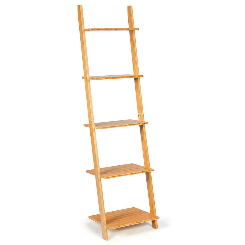 5-Tier Modern Bamboo Wall-Leaning Display Ladder Bookshelf by DirectDeals