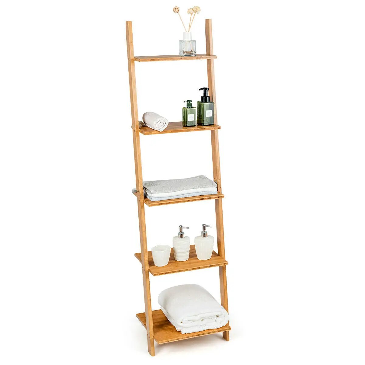 5-Tier Modern Bamboo Wall-Leaning Display Ladder Bookshelf by DirectDeals