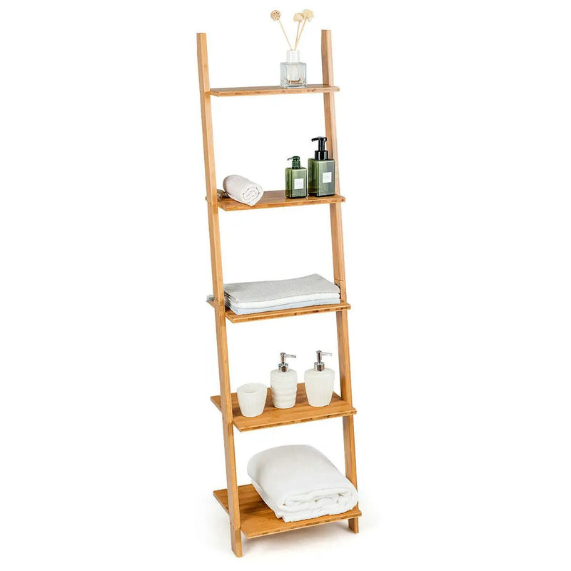 5-Tier Modern Bamboo Wall-Leaning Display Ladder Bookshelf by DirectDeals