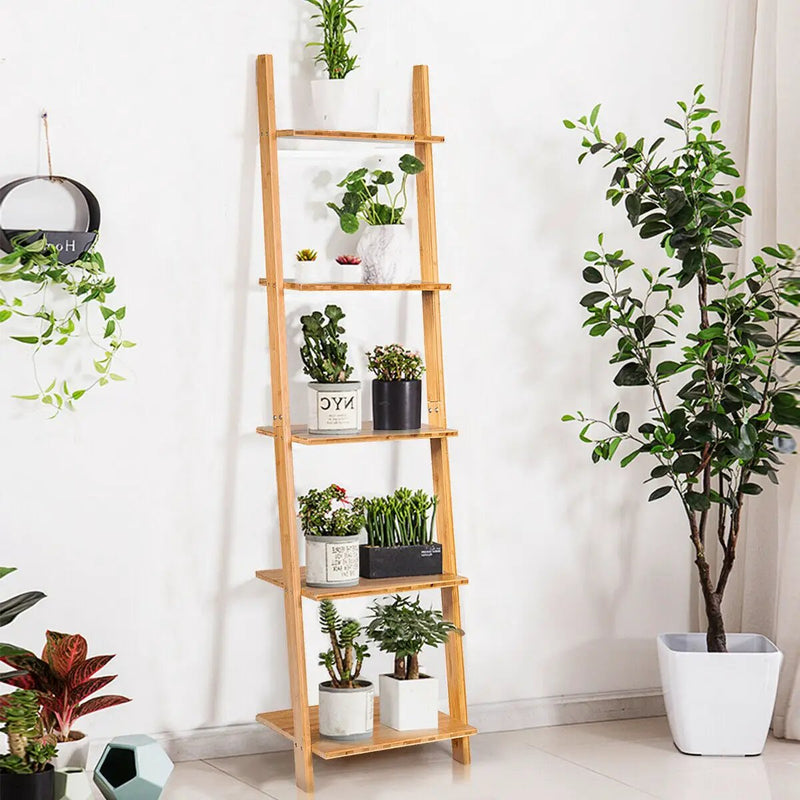 5-Tier Modern Bamboo Wall-Leaning Display Ladder Bookshelf by DirectDeals