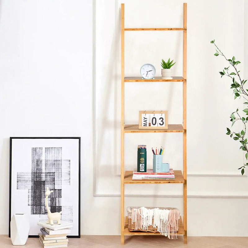 5-Tier Modern Bamboo Wall-Leaning Display Ladder Bookshelf by DirectDeals