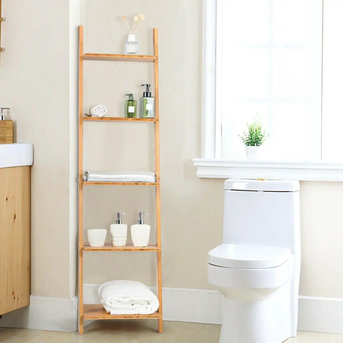 5-Tier Modern Bamboo Wall-Leaning Display Ladder Bookshelf by DirectDeals