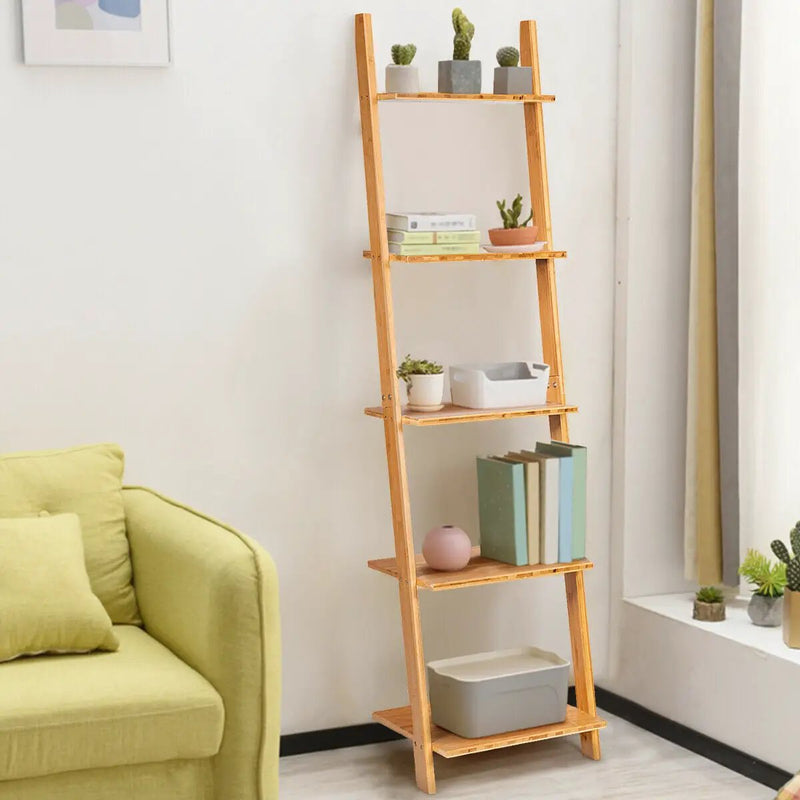 5-Tier Modern Bamboo Wall-Leaning Display Ladder Bookshelf by DirectDeals
