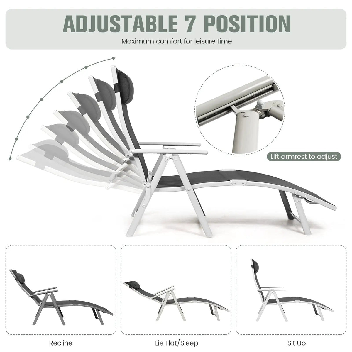 Adjustable Outdoor Lightweight Folding Chaise Lounge Chair with Pillow, photo 8 of 10