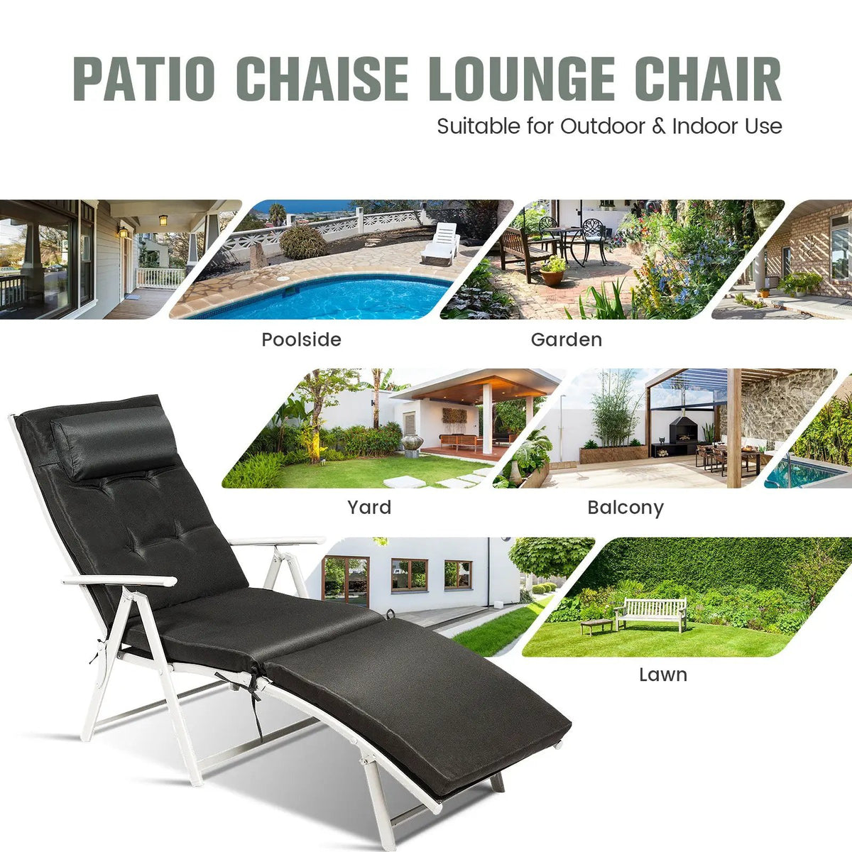 Adjustable Outdoor Lightweight Folding Chaise Lounge Chair with Pillow, photo 6 of 10