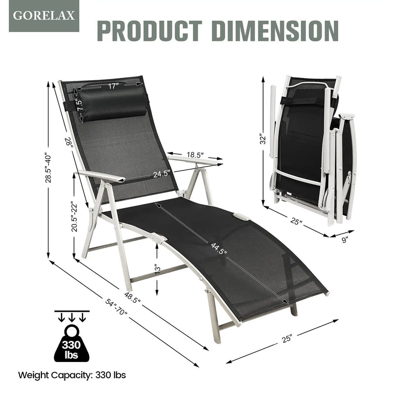 Adjustable Outdoor Lightweight Folding Chaise Lounge Chair with Pillow by DirectDeals