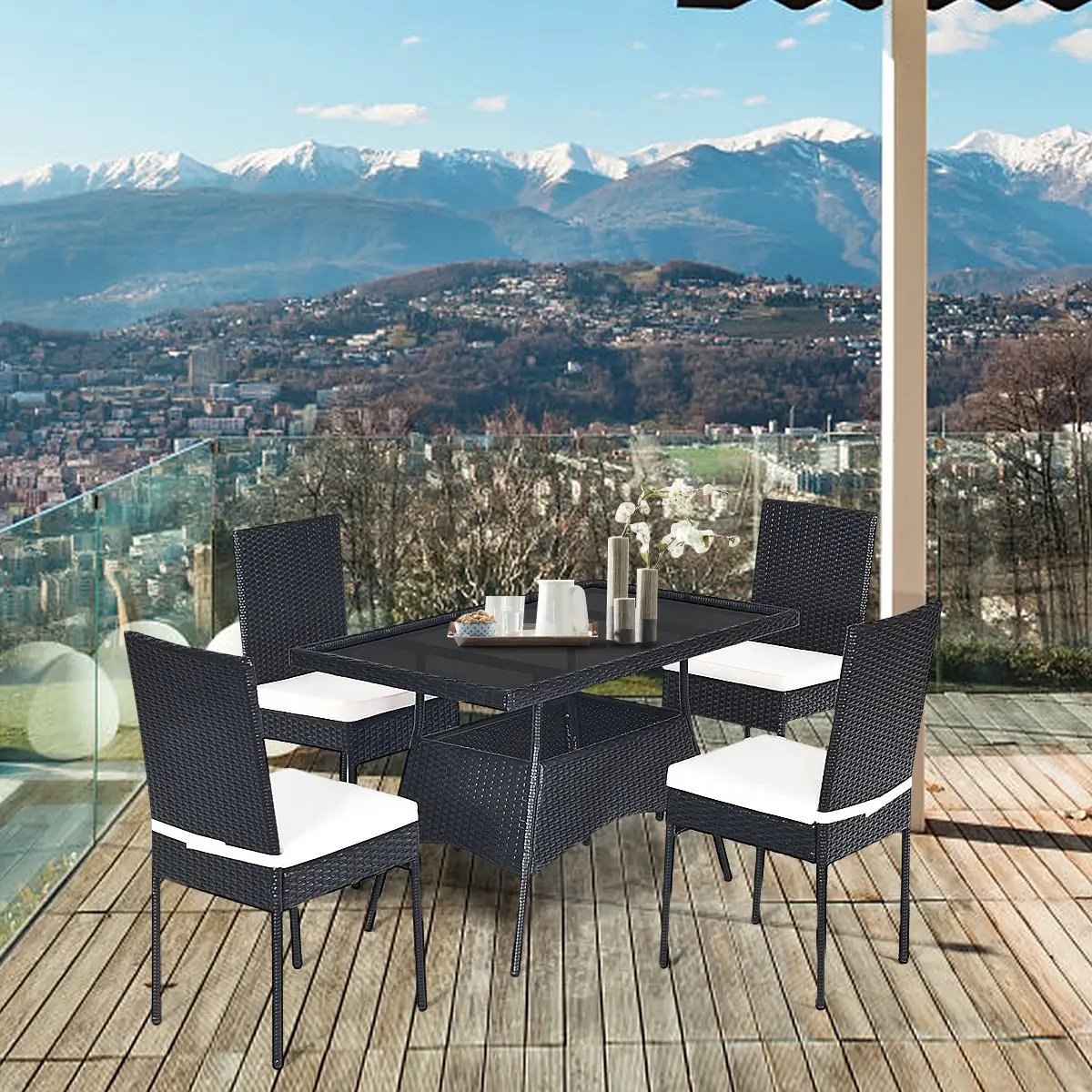 5-Piece Rattan Patio Dining Set with Glass Top & Cushions by DirectDeals