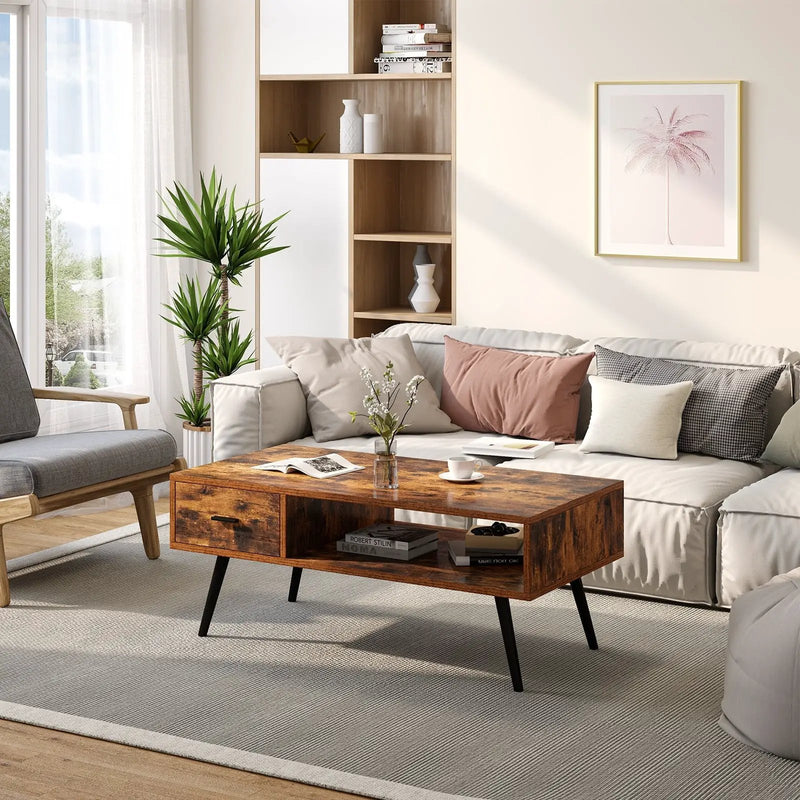 Retro Rectangular Coffee Table with Drawer and Storage Shelf-Rustic Brown by DirectDeals