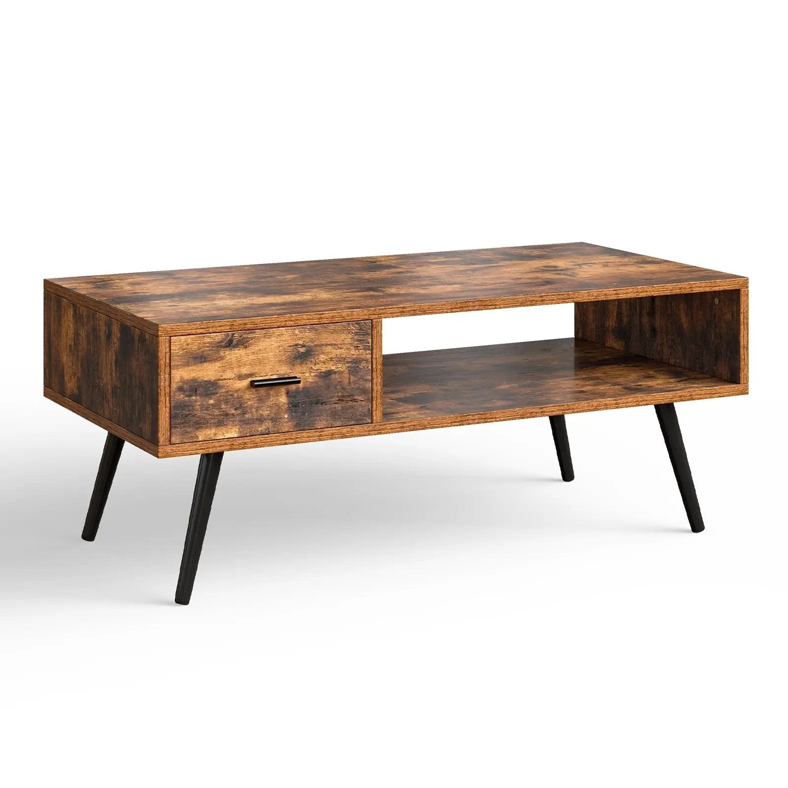 Retro Rectangular Coffee Table with Drawer and Storage Shelf-Rustic Brown by DirectDeals
