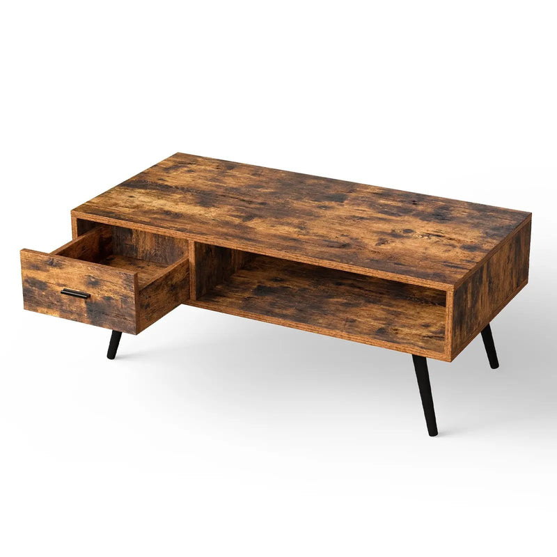 Retro Rectangular Coffee Table with Drawer and Storage Shelf-Rustic Brown by DirectDeals
